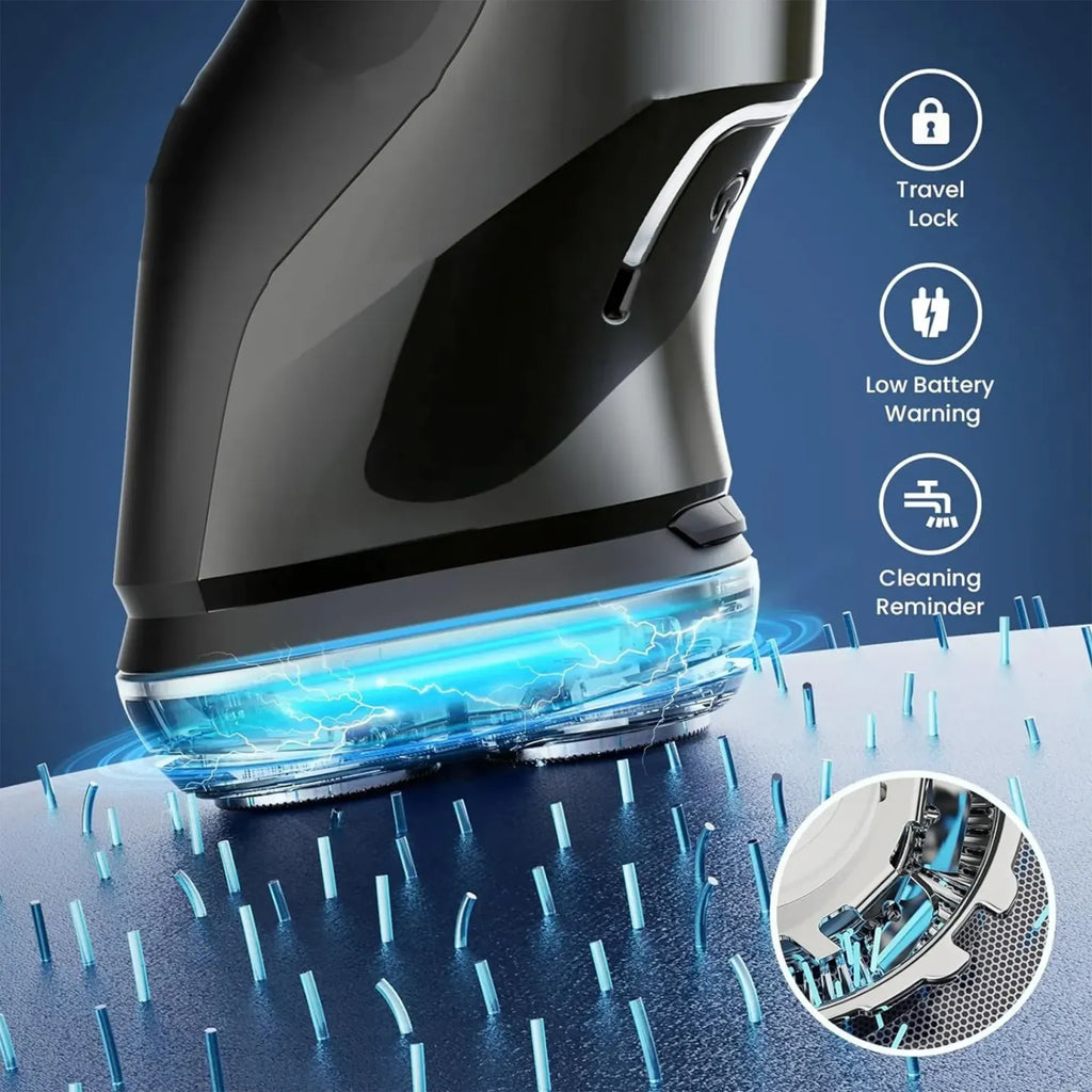 Black electronic Oreliom ProCut Electric Shaver with blue light on a blue background, featuring icons for travel lock, low battery warning, and cleaning reminder.
