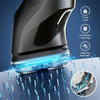 Black electronic Oreliom ProCut Electric Shaver with blue light on a blue background, featuring icons for travel lock, low battery warning, and cleaning reminder.