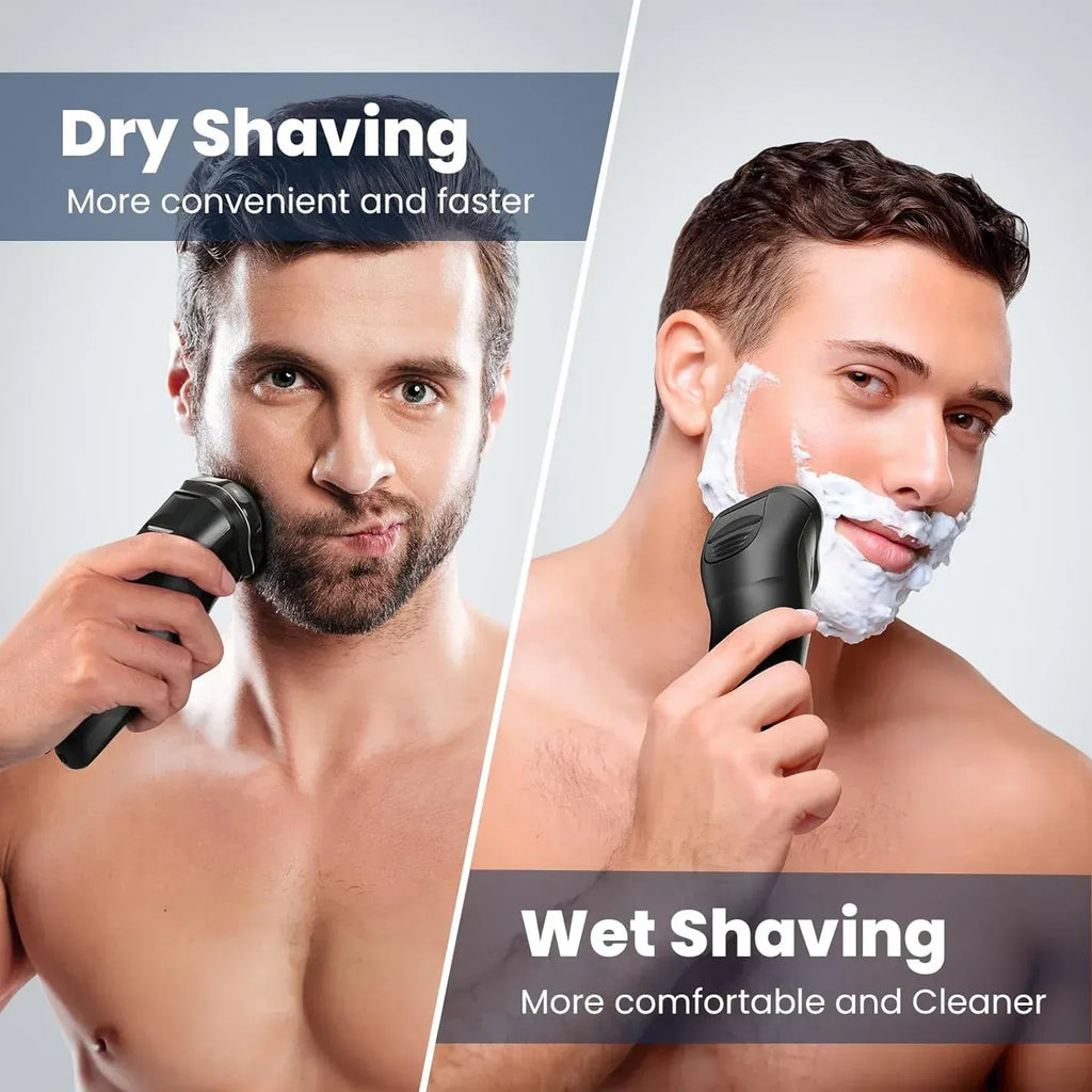 Two men using Oreliom ProCut Electric Shaver for dry and wet shaving, with text comparing the two methods.