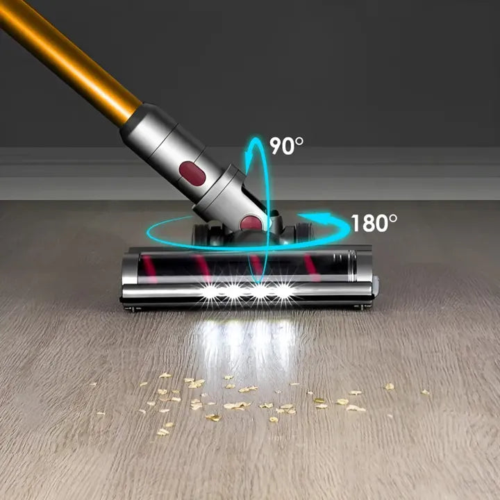Oreliom Vacuum Cleaner P20 head cleaning a wooden floor with angles indicated on a gray background