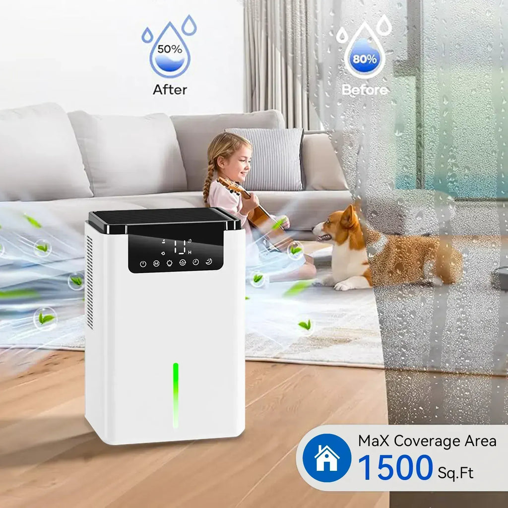 Orivana Dehumidifier D2 in a living room with a child and dog, showing before and after moisture levels.