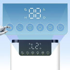 A modern white appliance with a large blue touch control panel on top and a smaller black display panel below. A robotic arm is shown touching the top panel, and the image has a clean studio-style presentation on a light blue background.