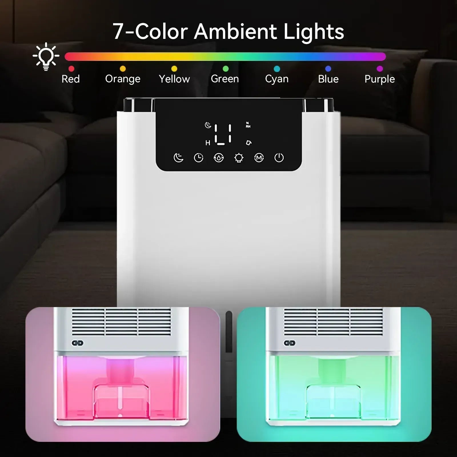 A white portable Orivana Dehumidifier D2 with a digital control panel and 7-color ambient LED lights, shown in a living room setting with an overlay graphic demonstrating the multicolor light output.