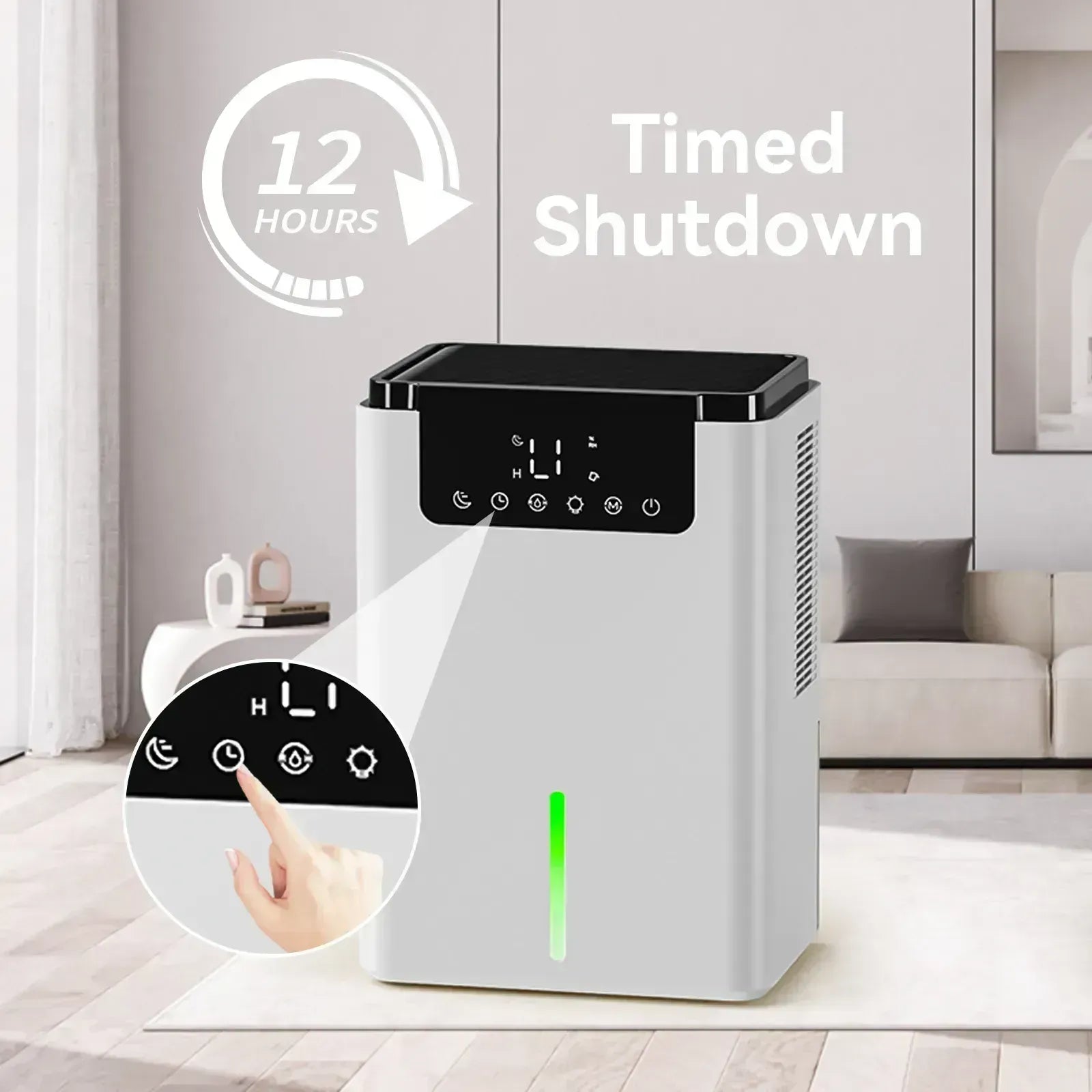 Orivana Dehumidifier D2 with timed shutdown feature in a living room setting