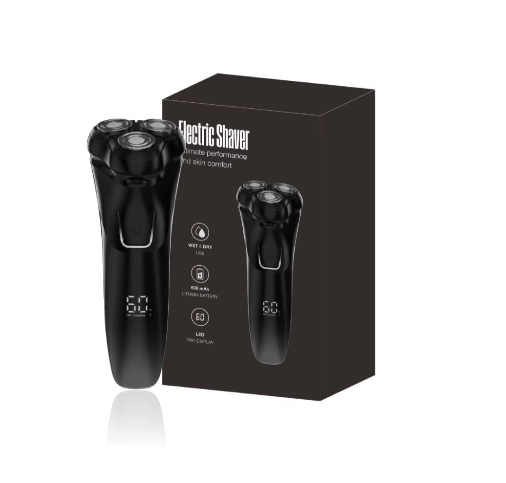 Black Orivana Electric Shaver shown next to its black retail box on a clean white background. The box features white text and product feature icons.