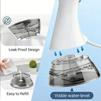 A product infographic showing a clear water reservoir attachment for a white Orivana Handheld Steamer. The graphic includes text callouts reading 'Leak Proof Design', 'Easy to Refill', and 'Visible water-level', with arrows indicating water flow into the transparent container.