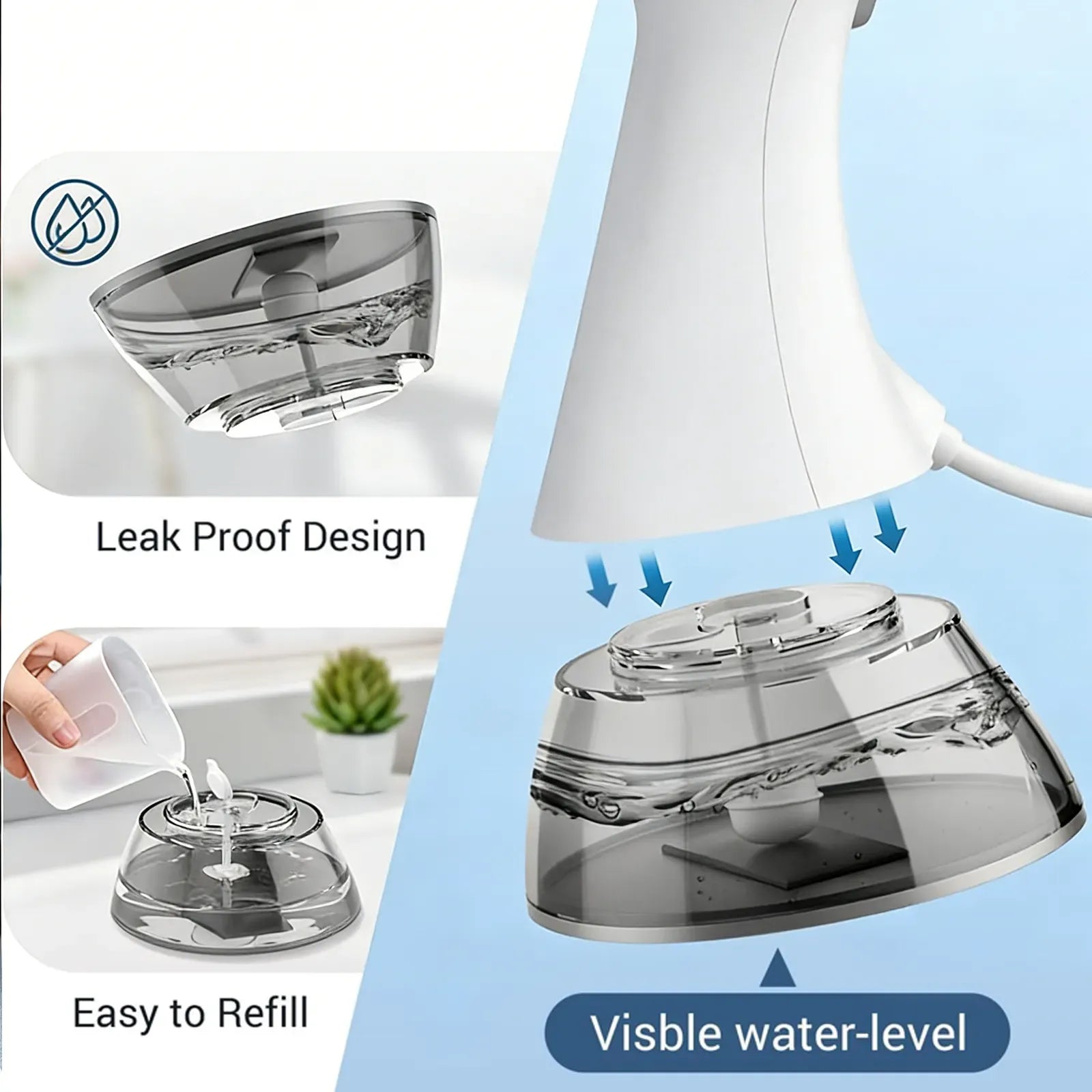 A product infographic showing a clear water reservoir attachment for a white Orivana Handheld Steamer. The graphic includes text callouts reading 'Leak Proof Design', 'Easy to Refill', and 'Visible water-level', with arrows indicating water flow into the transparent container.