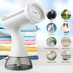 A Orivana Handheld Steamer with a clear water reservoir base, shown alongside folded colorful clothing and a column of circular usage examples including suits, jerseys, blouses, shirts, wedding dresses, bed linens, table cloths, and sofa fabric.