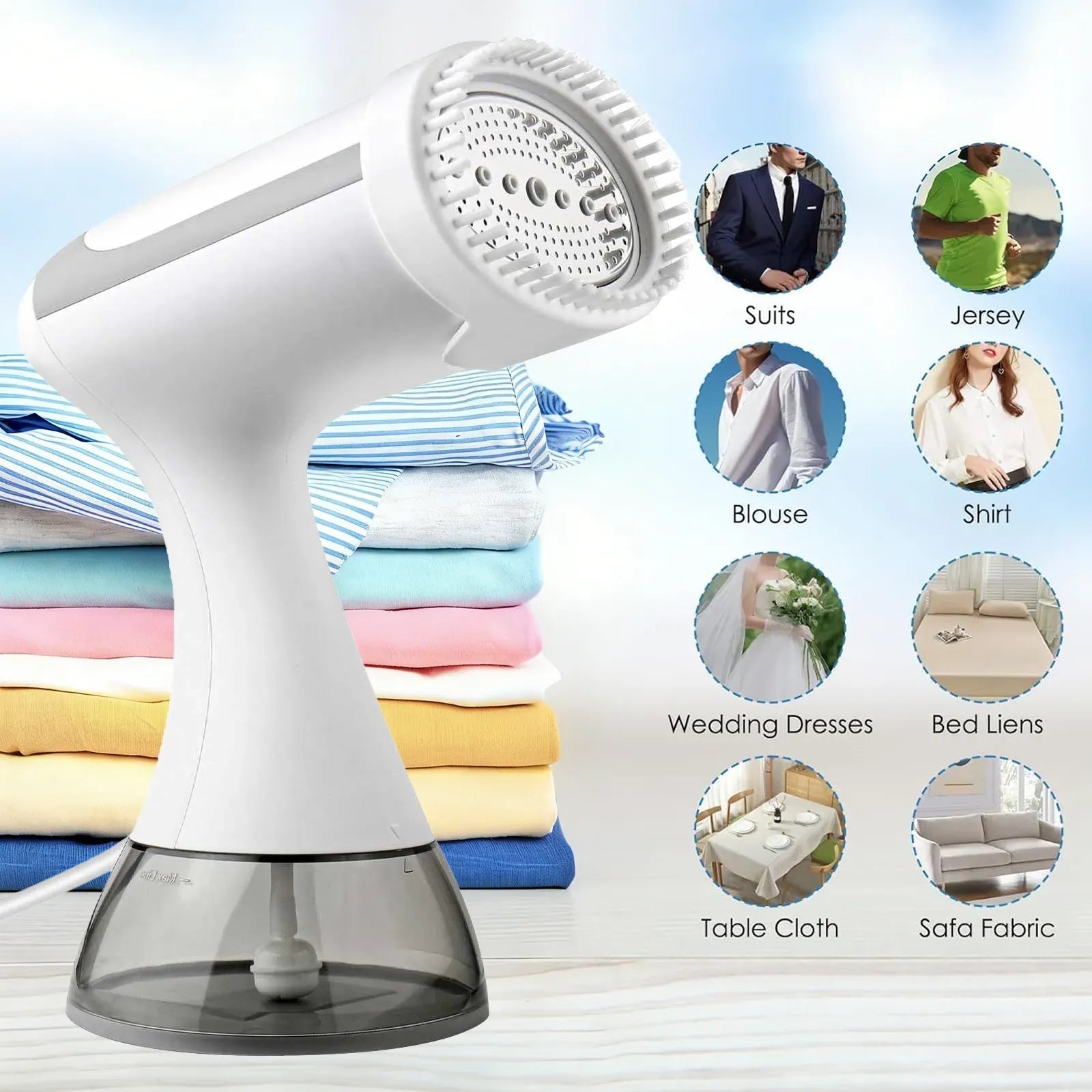 A Orivana Handheld Steamer with a clear water reservoir base, shown alongside folded colorful clothing and a column of circular usage examples including suits, jerseys, blouses, shirts, wedding dresses, bed linens, table cloths, and sofa fabric.