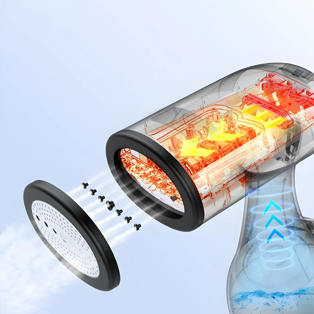 Transparent shower head filter cartridge shown exploded with a loose white mesh screen and black rim, revealing internal red and yellow filter elements, on a light blue background.