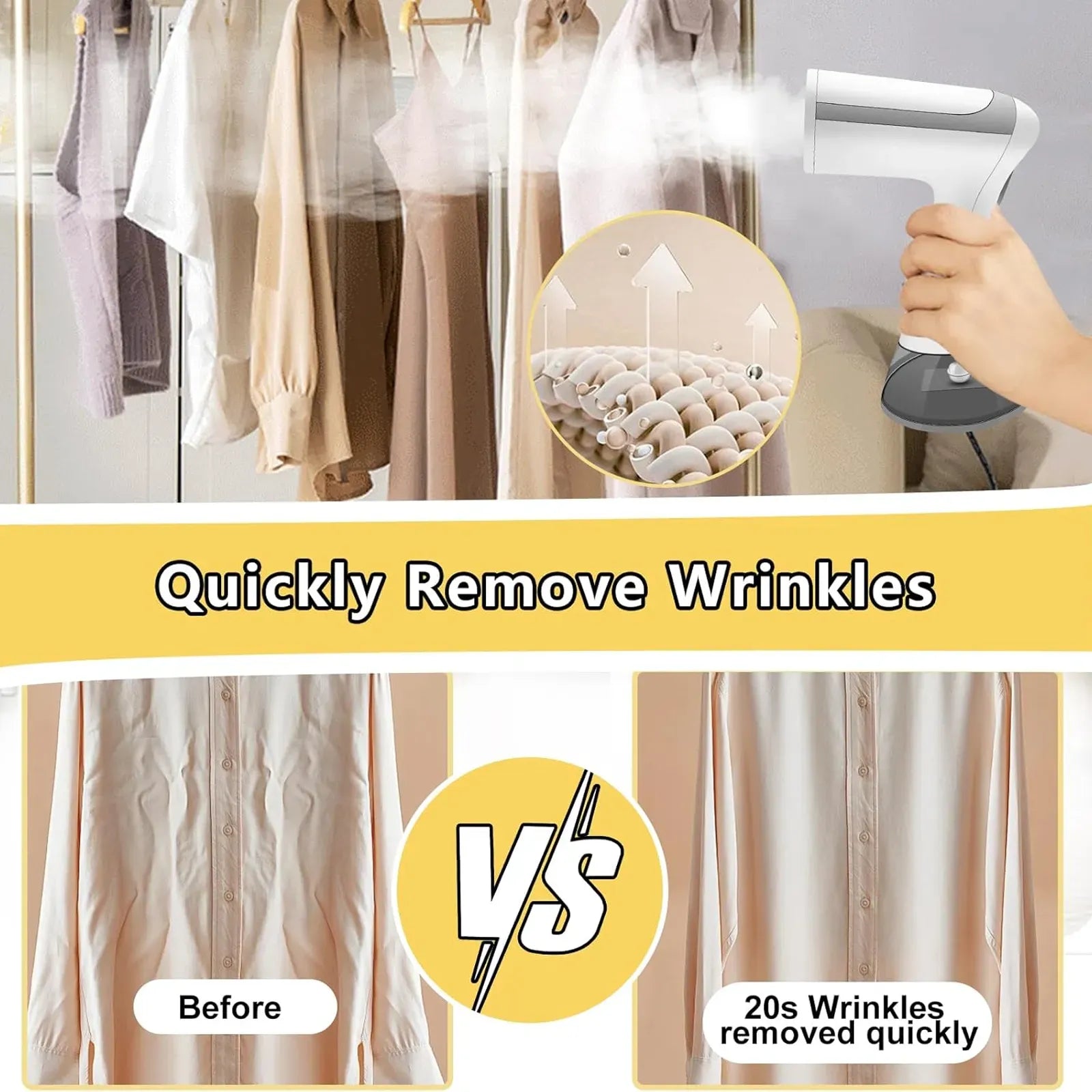 Orivana Handheld Steamer being used to remove wrinkles from clothes with text 'Quickly Remove Wrinkles' and '20s Wrinkles removed quickly'.