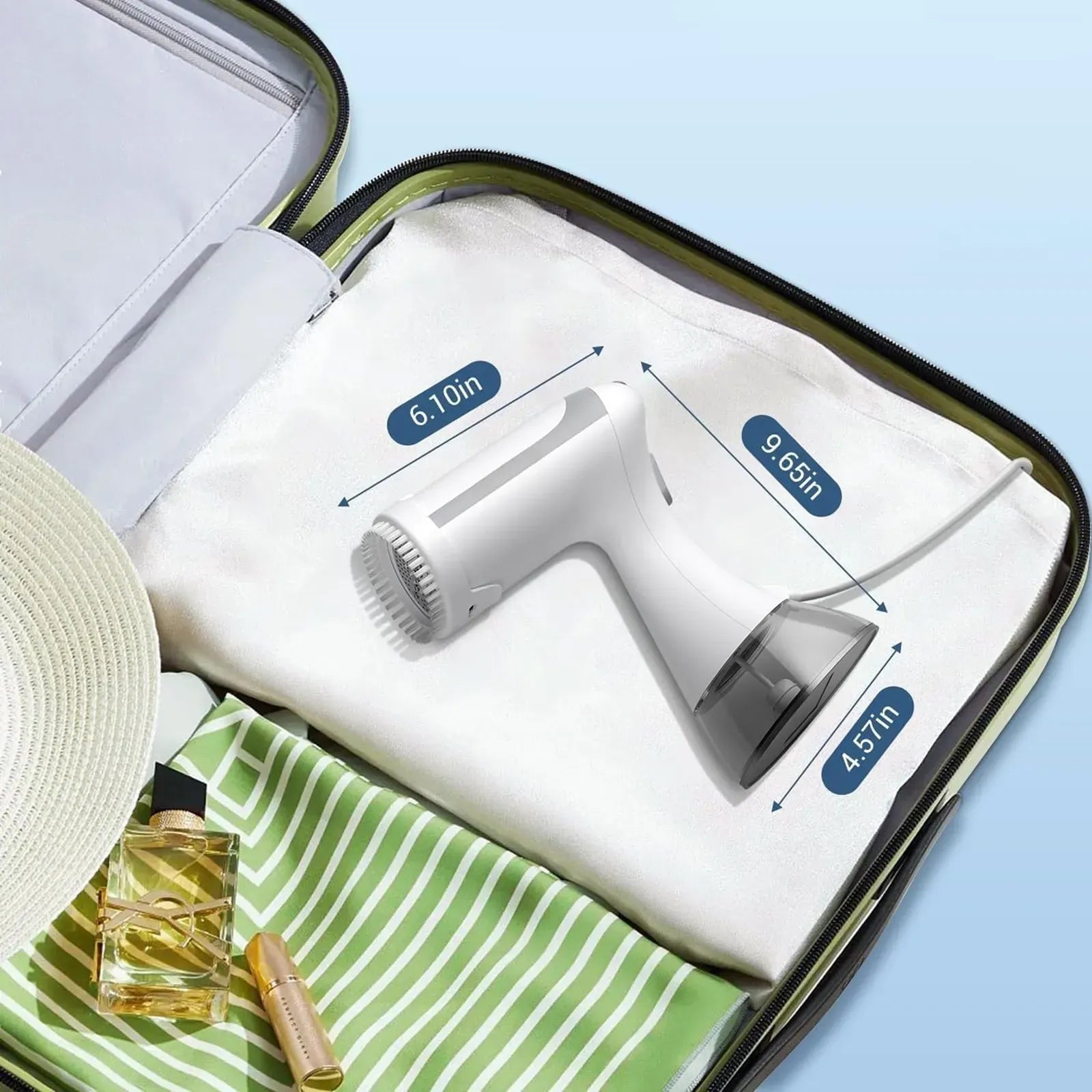 A white Orivana Handheld Steamer with a transparent dust cup displayed inside an open suitcase, with overlaid dimension labels showing 6.10m, 9.