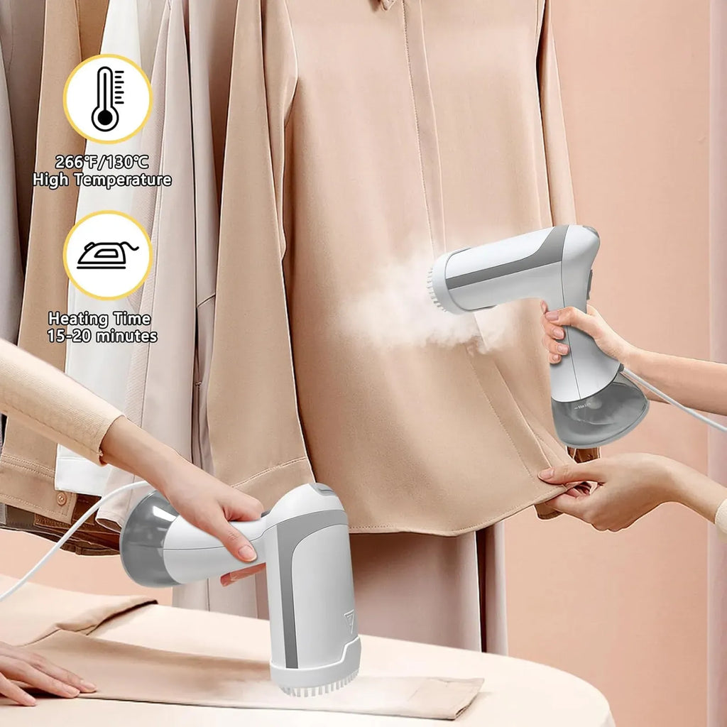 A Orivana Handheld Steamer in white and gray is being used to iron a beige dress or long top, with steam visible. Two hands are visible operating the device, and the scene includes informational icons for high temperature and heating time.