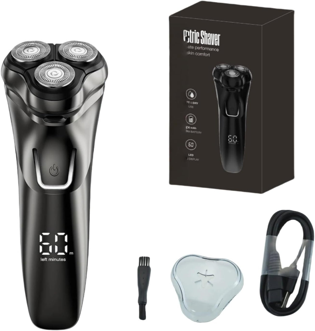 Black Oryzom ProCut Electric Shaver with packaging, accessories, and charging cable on a white background