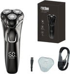 Black Oryzom ProCut Electric Shaver with packaging, accessories, and charging cable on a white background