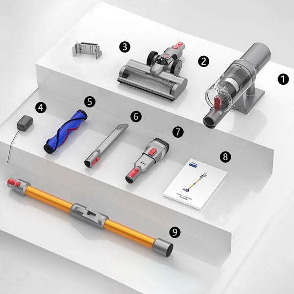 Ozitohome cordless Vacuum parts displayed on a white platform with labels.