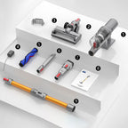 Ozitohome cordless Vacuum parts displayed on a white platform with labels.