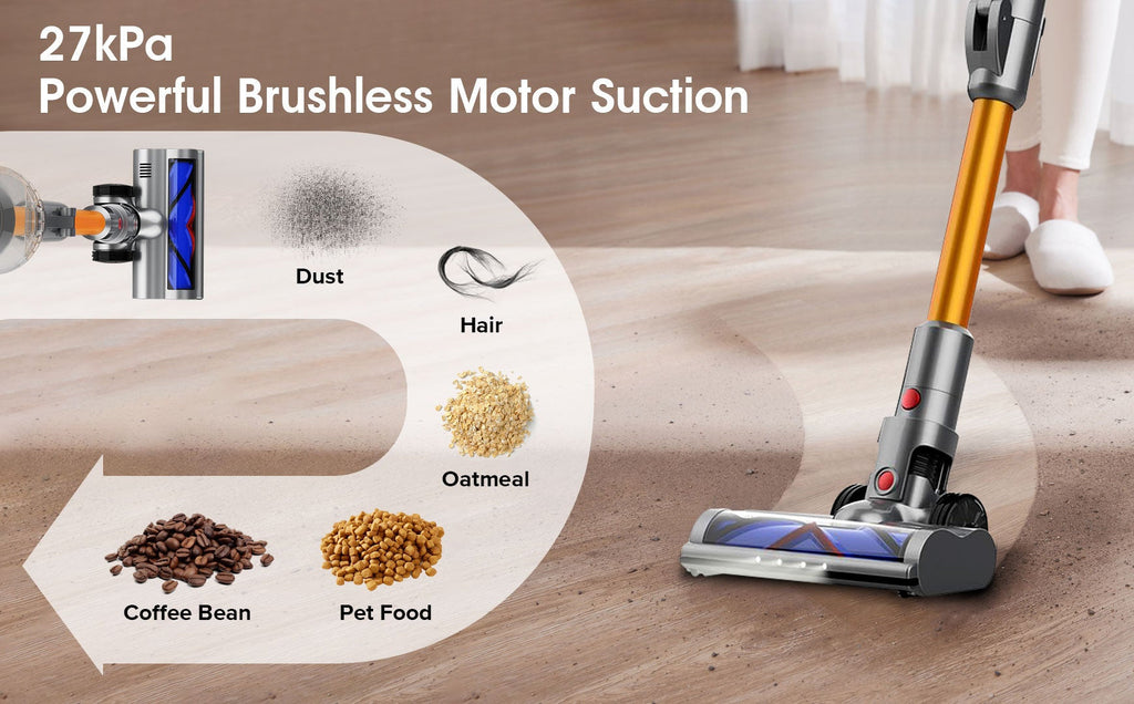 Ozitohome Vacuum Cleaner with powerful brushless motor suction on a wooden floor, cleaning dust, hair, and debris.