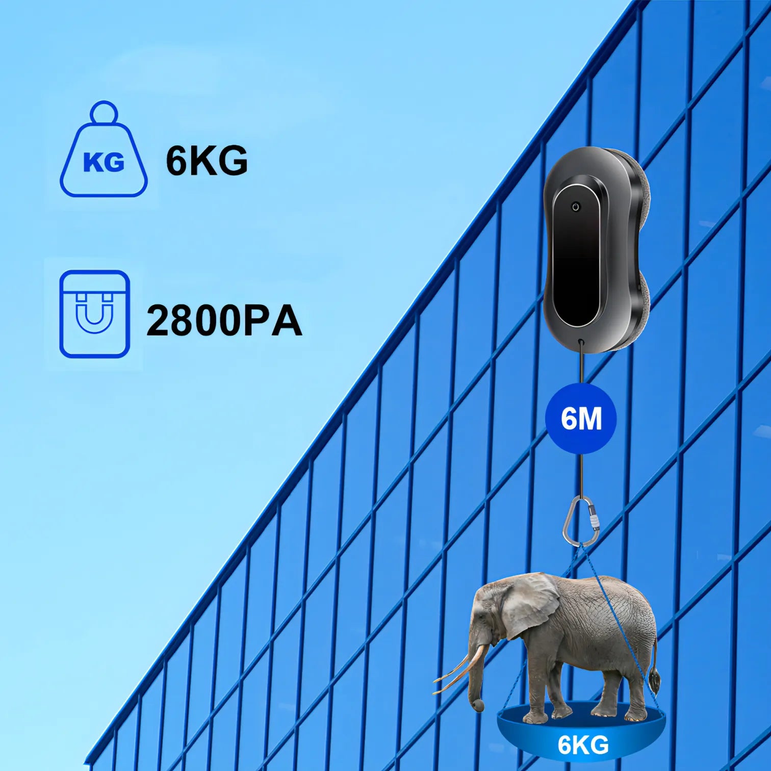 Illustration of a pulley system with an elephant on a blue background