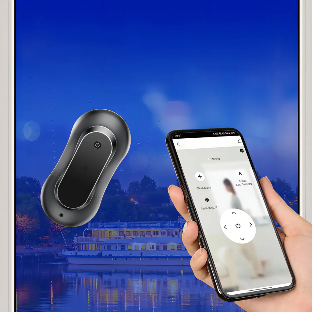 Black remote control device and smartphone with app interface on a scenic background