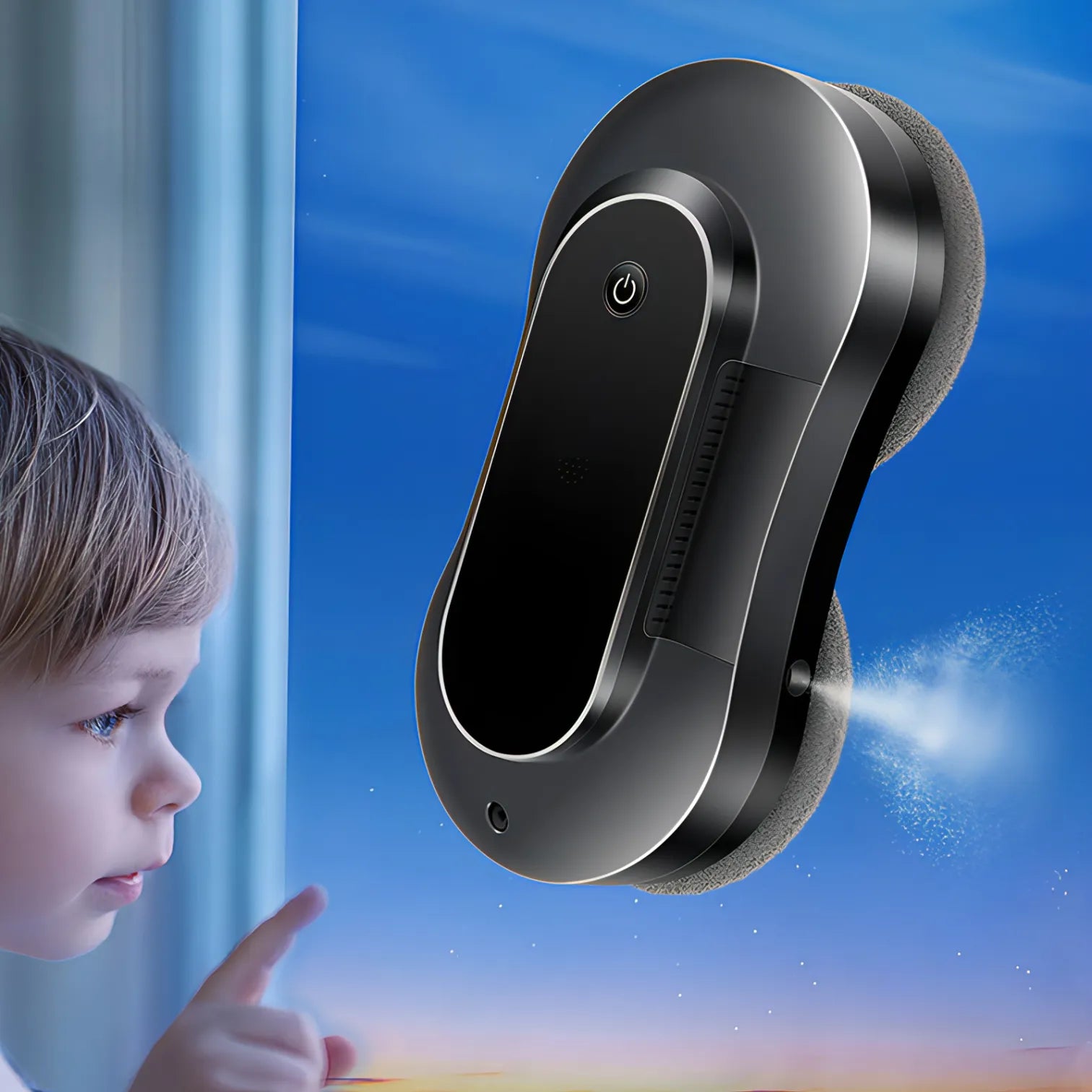 Black PULIXX Window Cleaning Robot emitting mist next to a child looking out a window with a blue sky.