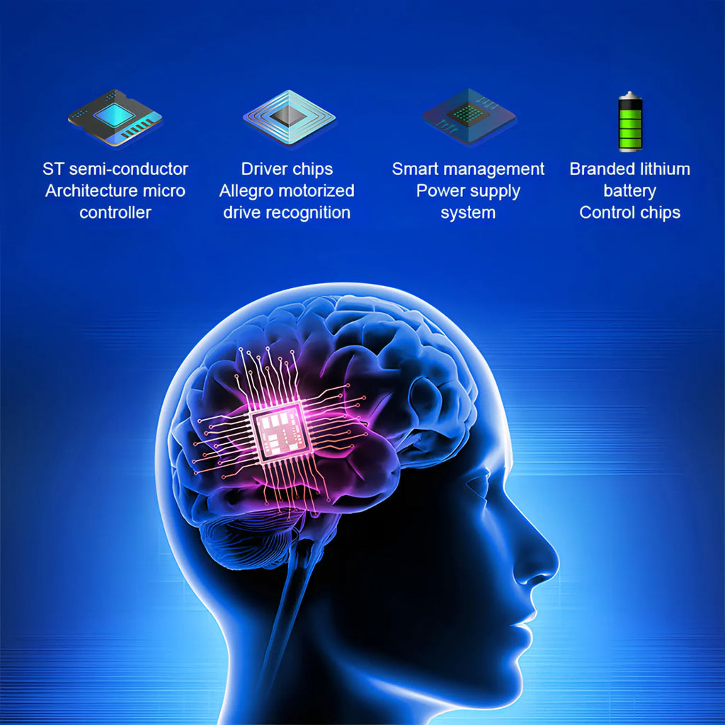 Illustration of a brain with electronic components and text labels on a blue background