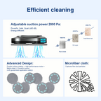 Diagram of a PULIXX Window Cleaning Robot with text on adjustable suction power and advanced design features.