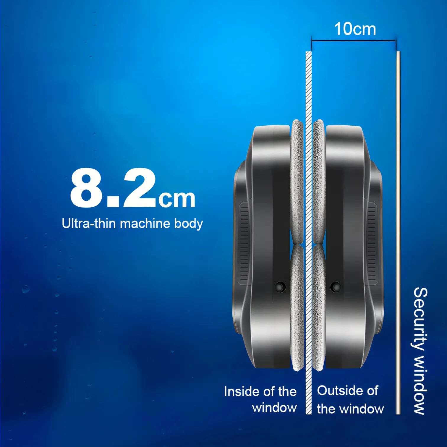 Illustration of an ultra-thin machine body with dimensions on a blue background