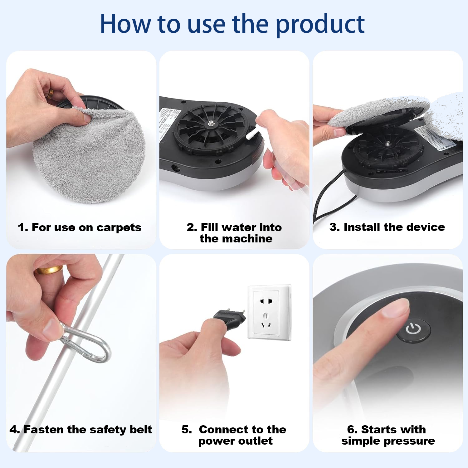 Step-by-step guide on how to use a carpet cleaning machine with text labels.