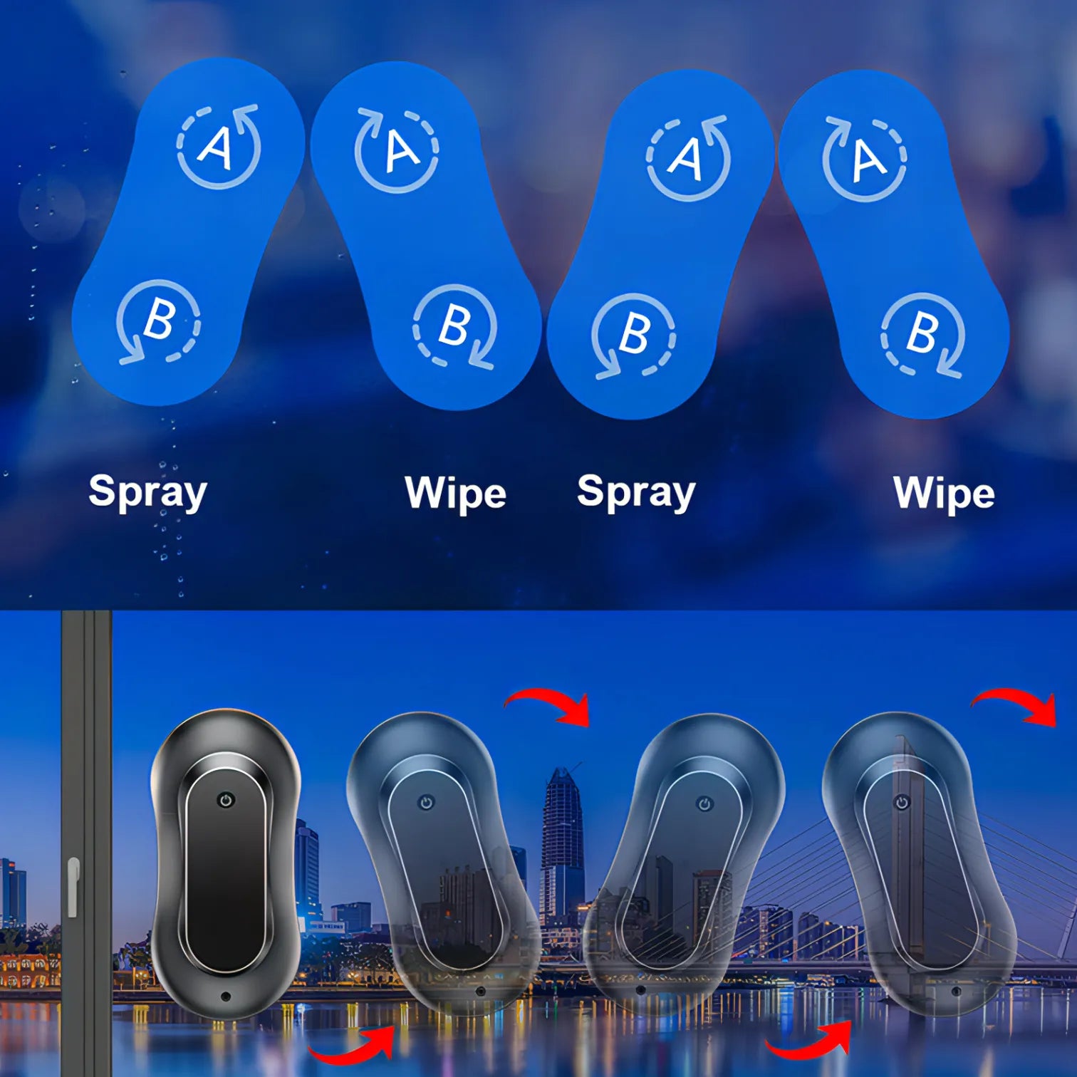 PULIXX Window Cleaning Robot demonstration with spray and wipe actions on a blue background, followed by a cityscape view.