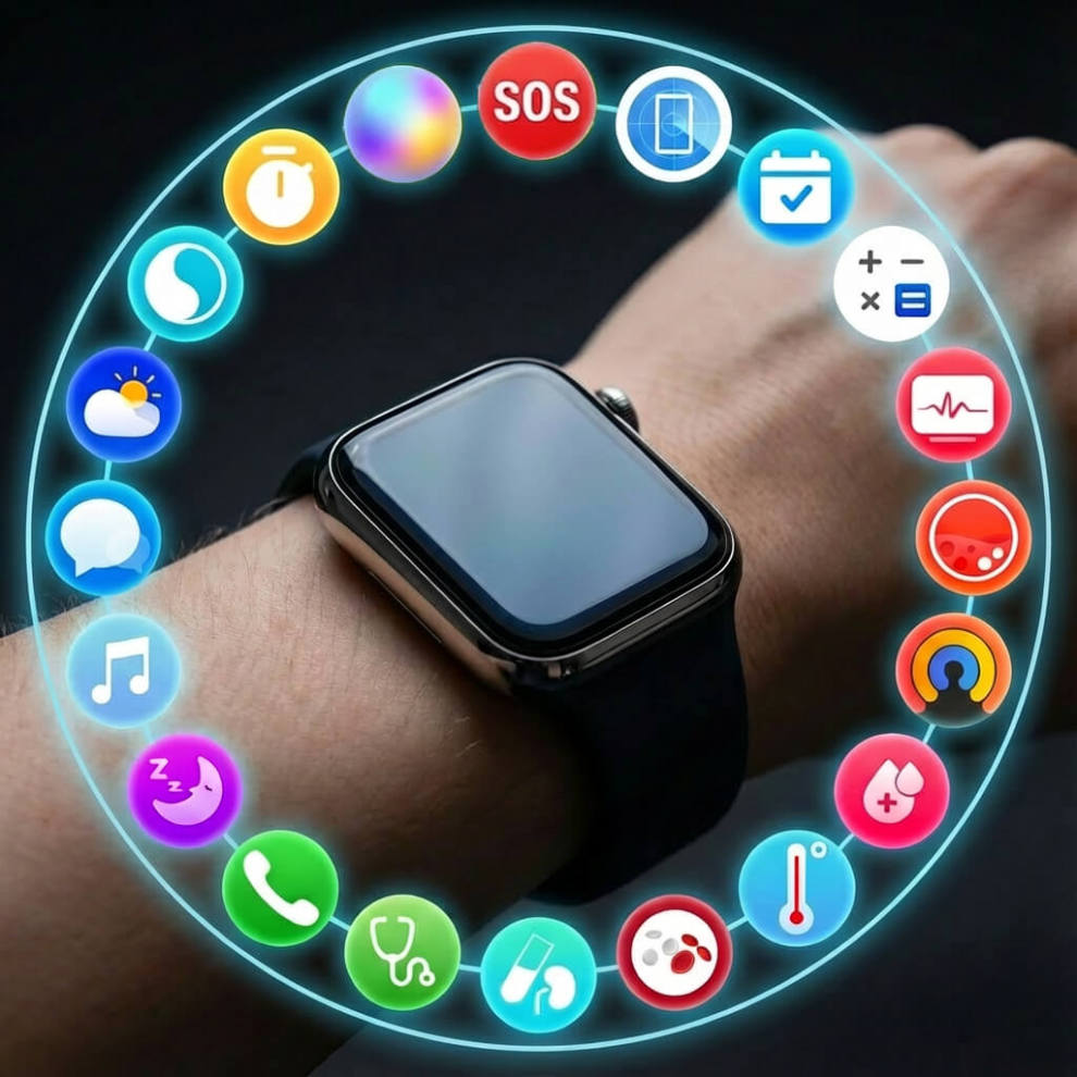 Pilotax Blood Pressure Smartwatch on a wrist with various app icons displayed around it
