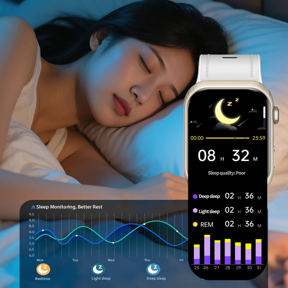 Woman sleeping with a Pilotax Blood Pressure Smartwatch displaying sleep monitoring app on a blue background