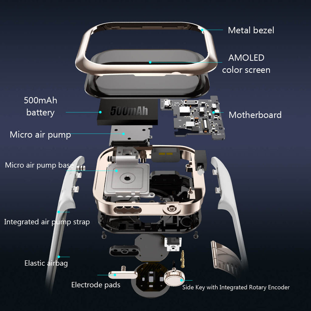 Disassembled Pilotax Blood Pressure Smartwatch with labeled parts on a dark background