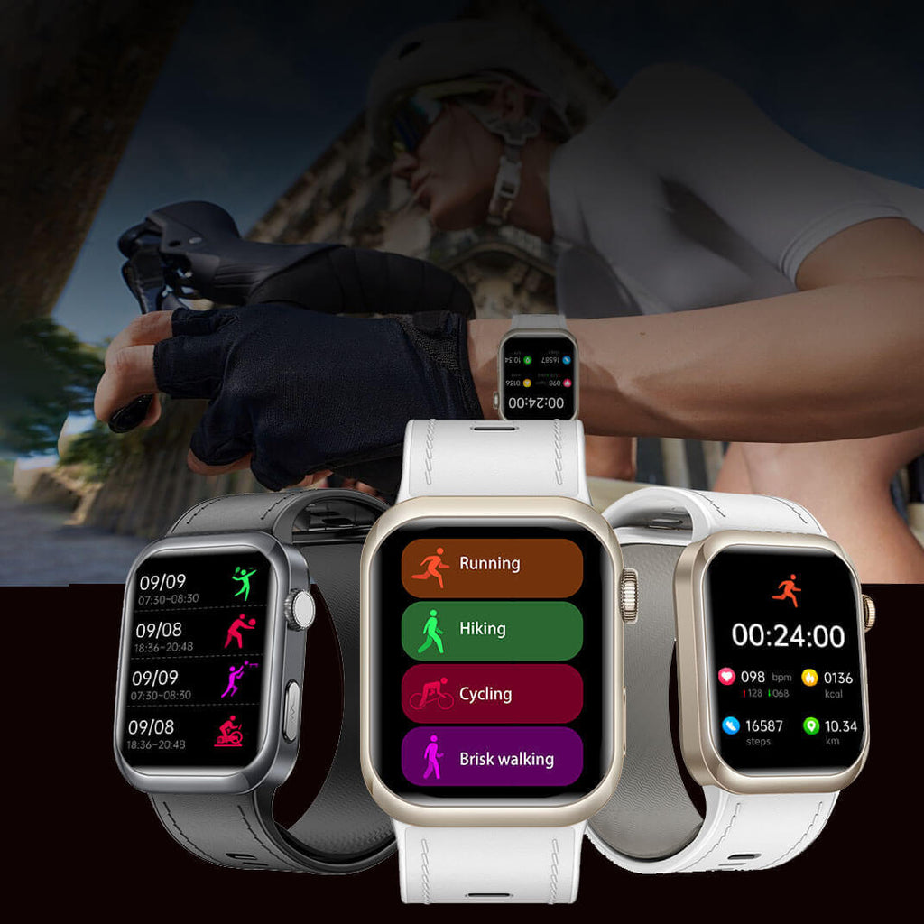 Pilotax Blood Pressure Smartwatch displayed with different screens showing activity tracking on a blurred background of a person holding a gun.