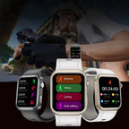 Pilotax Blood Pressure Smartwatch displayed with different screens showing activity tracking on a blurred background of a person holding a gun.