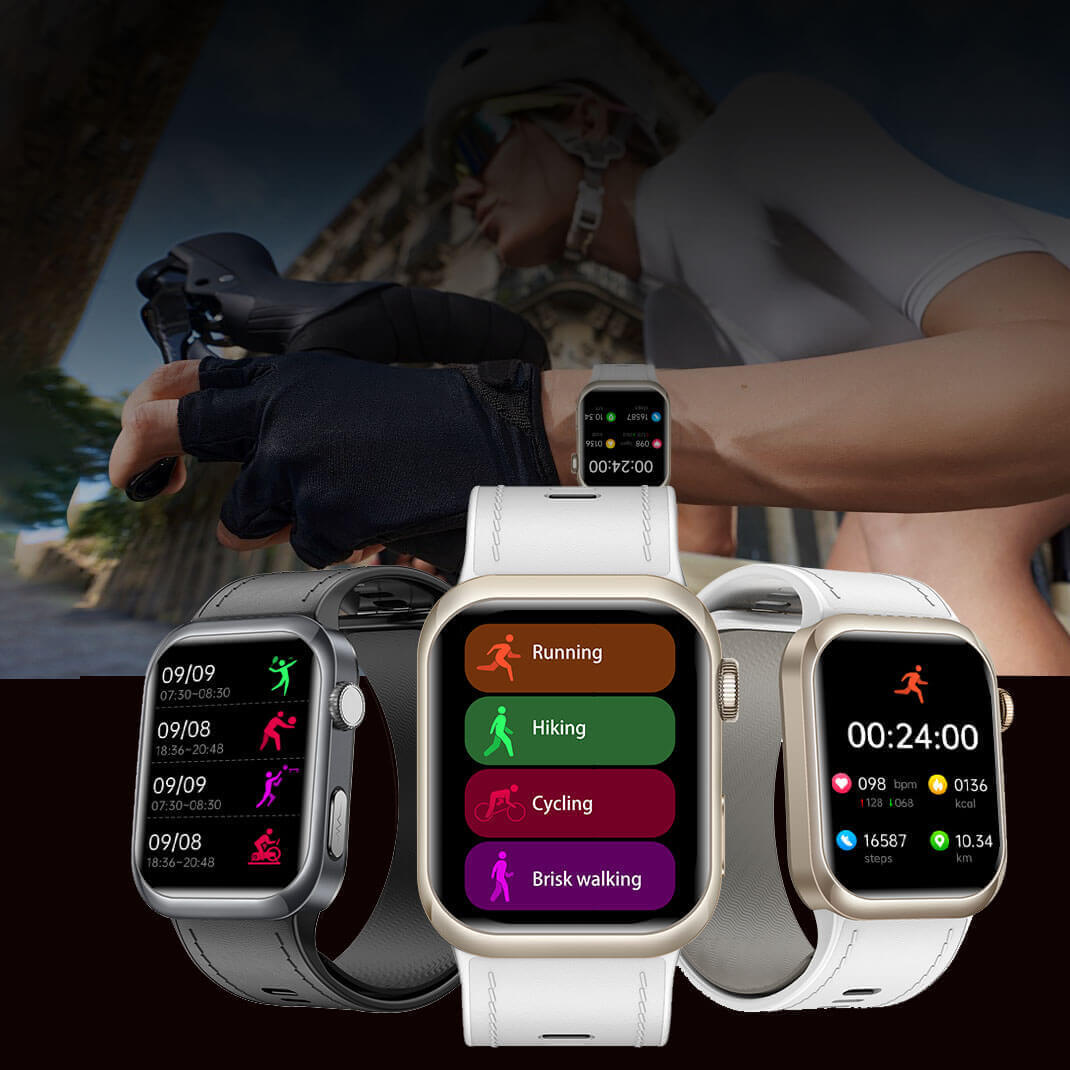 Pilotax Blood Pressure Smartwatch displayed with different screens showing activity tracking on a blurred background of a person holding a gun.