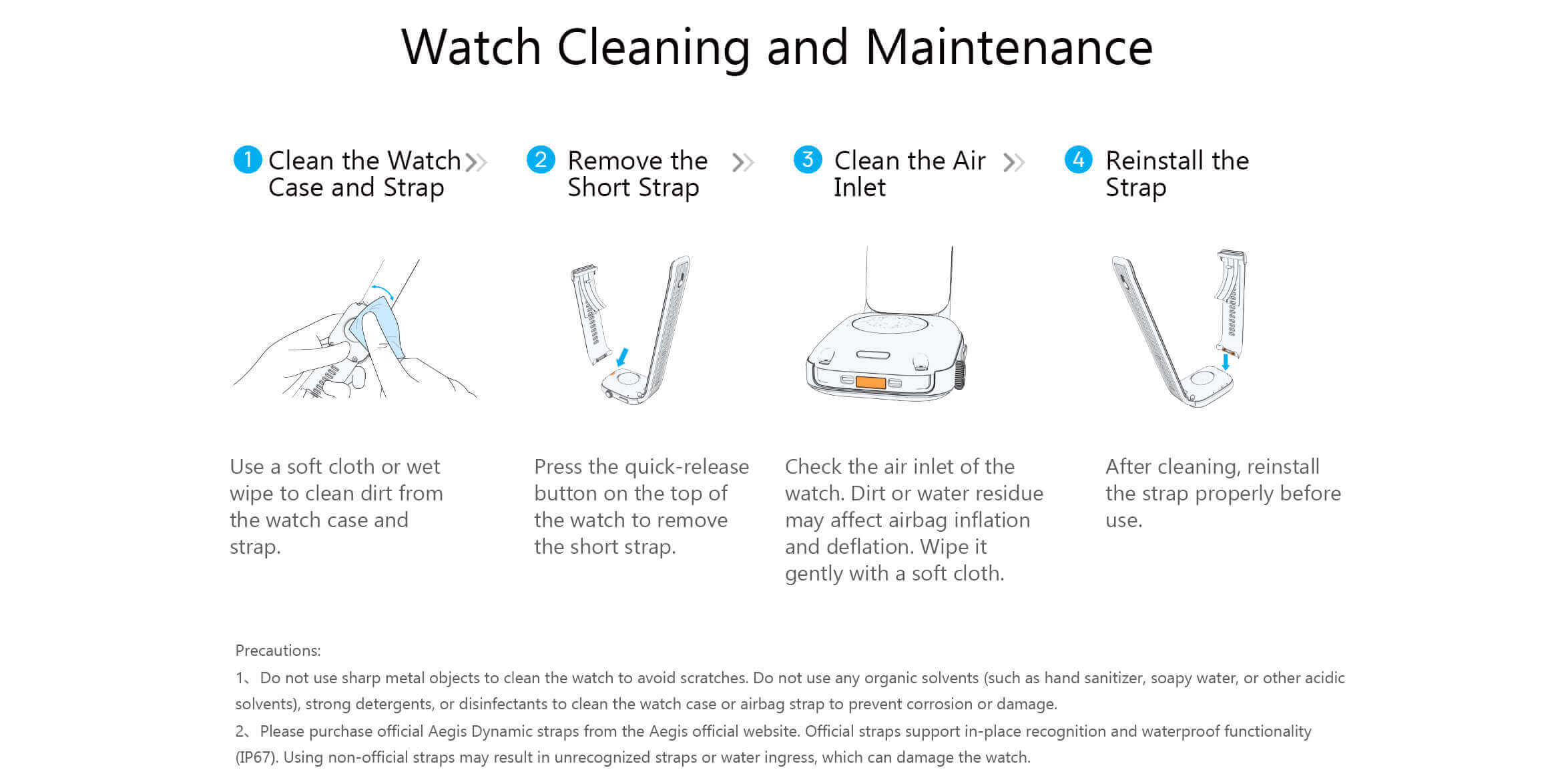 Instructions for Pilotax Blood Pressure Smartwatch cleaning and maintenance on a white background