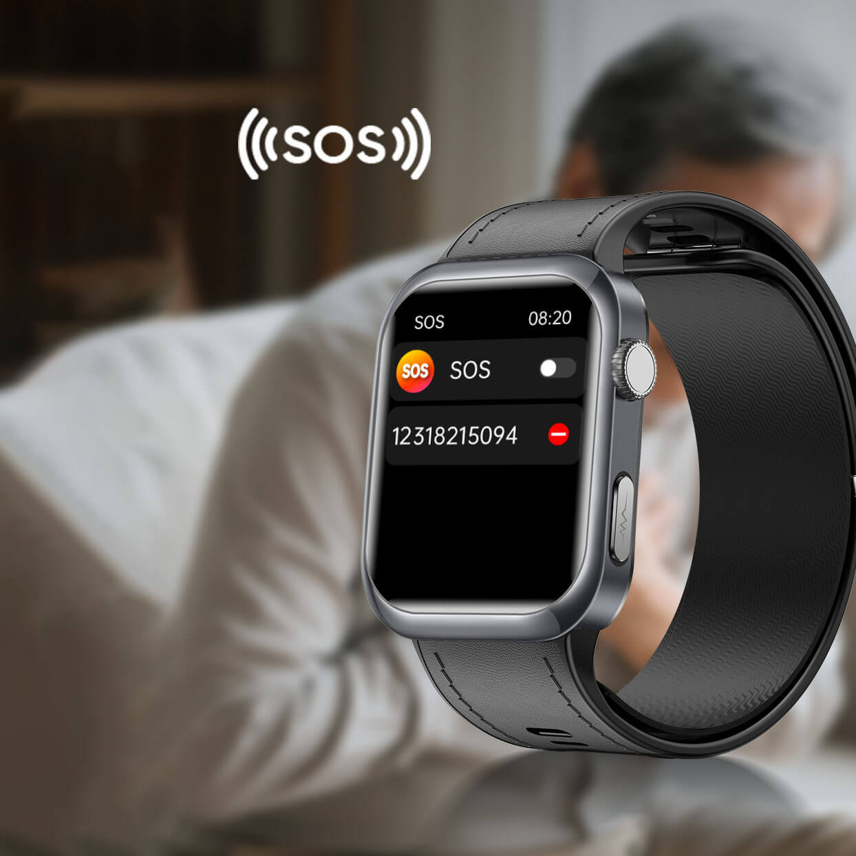 Pilotax Smartwatch with SOS emergency call interface on a blurred background