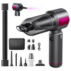 A plianx handheld vacuum cleaner kit shown on a white background with multiple accessories and a separate nozzle view. The main unit is dark gray/black with bright pink accents, and the included attachments are arranged around it, including a flexible hose, crevice nozzles, a dust bin, and a floor nozzle.