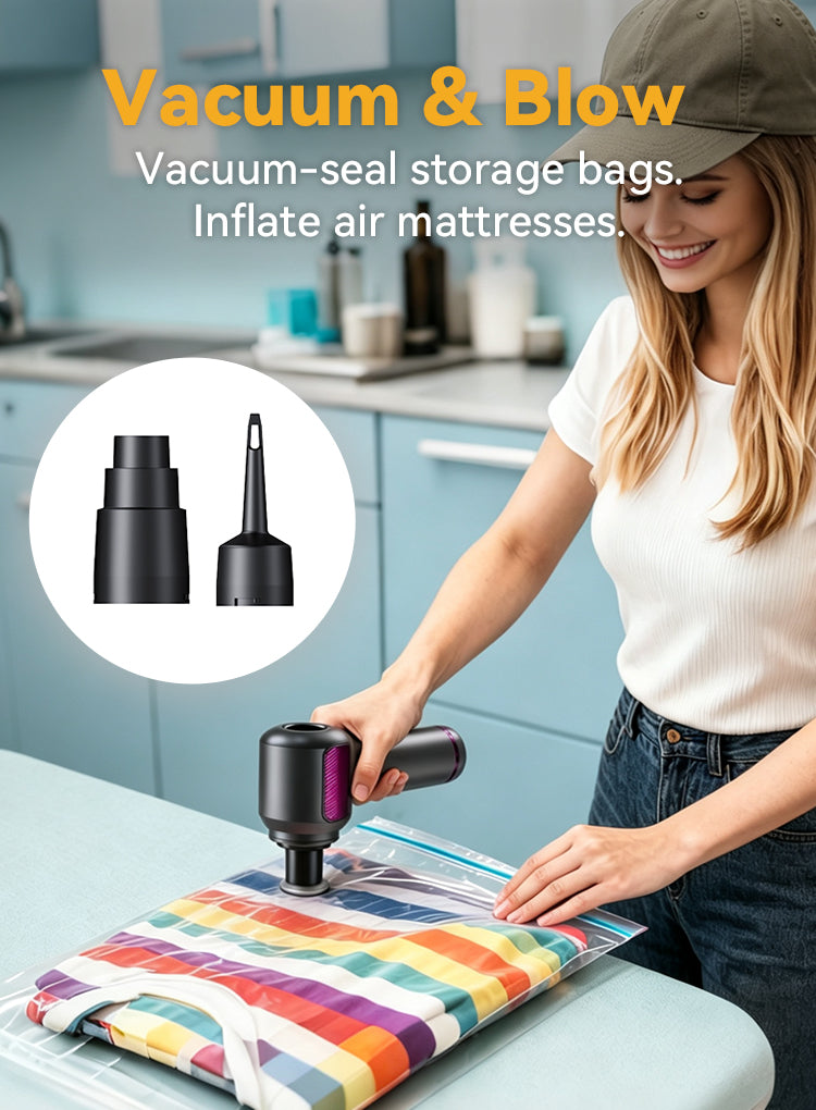 A woman in a kitchen uses a plianx handheld electric vacuum sealer on a colorful striped storage bag. The image includes text reading 'Vacuum & Blow' and shows two attachment heads in a circular inset.