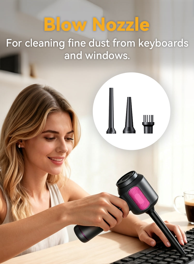 A woman uses a plianx handheld vacuum cleaner with a nozzle attachment on a keyboard in a bright indoor setting. The image includes text reading 'Blow Nozzle' and 'For cleaning fine dust from keyboards and windows,' plus a circular inset showing three black nozzle attachments.