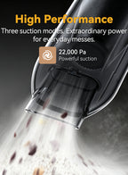 A close-up promotional graphic of a black vacuum cleaner nozzle with a clear dust cup, shown above a floor with debris being sucked up. Large marketing text reads 'High Performance' and 'Three suction modes.