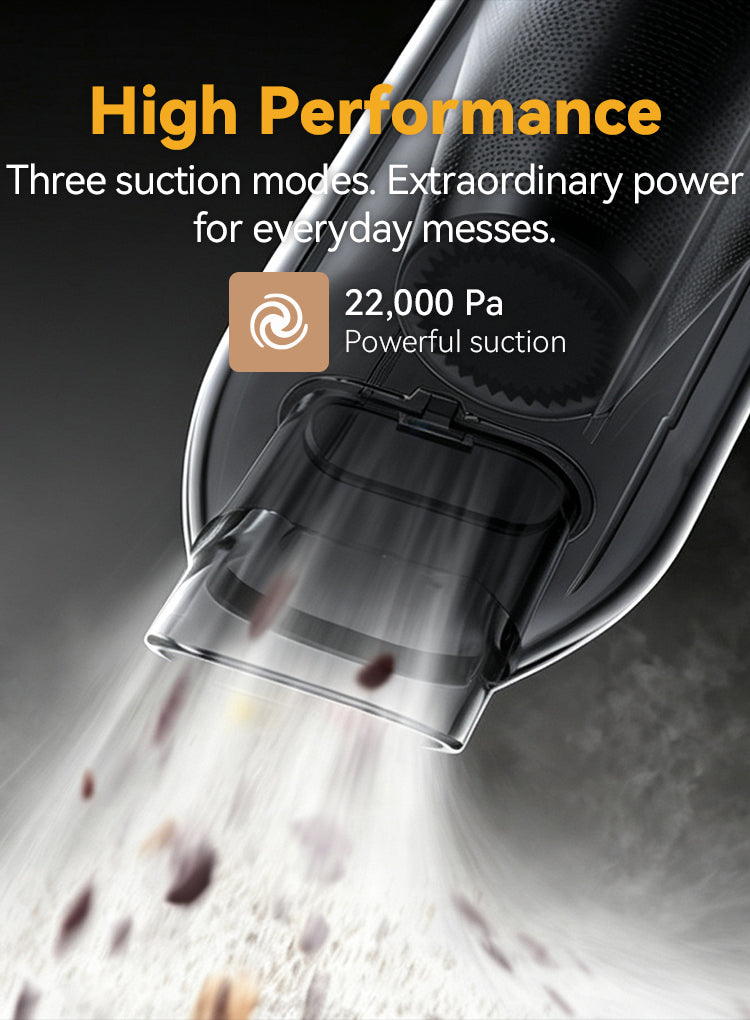 A close-up promotional graphic of a black vacuum cleaner nozzle with a clear dust cup, shown above a floor with debris being sucked up. Large marketing text reads 'High Performance' and 'Three suction modes.