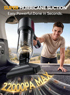 A man using a plianx handheld cordless vacuum cleaner inside a car trunk, with promotional text reading 'SUPER HURRICANE SUCTION' and '22000PA MAX'. The vacuum is black with a clear dust bin and a small red accent on the handle.