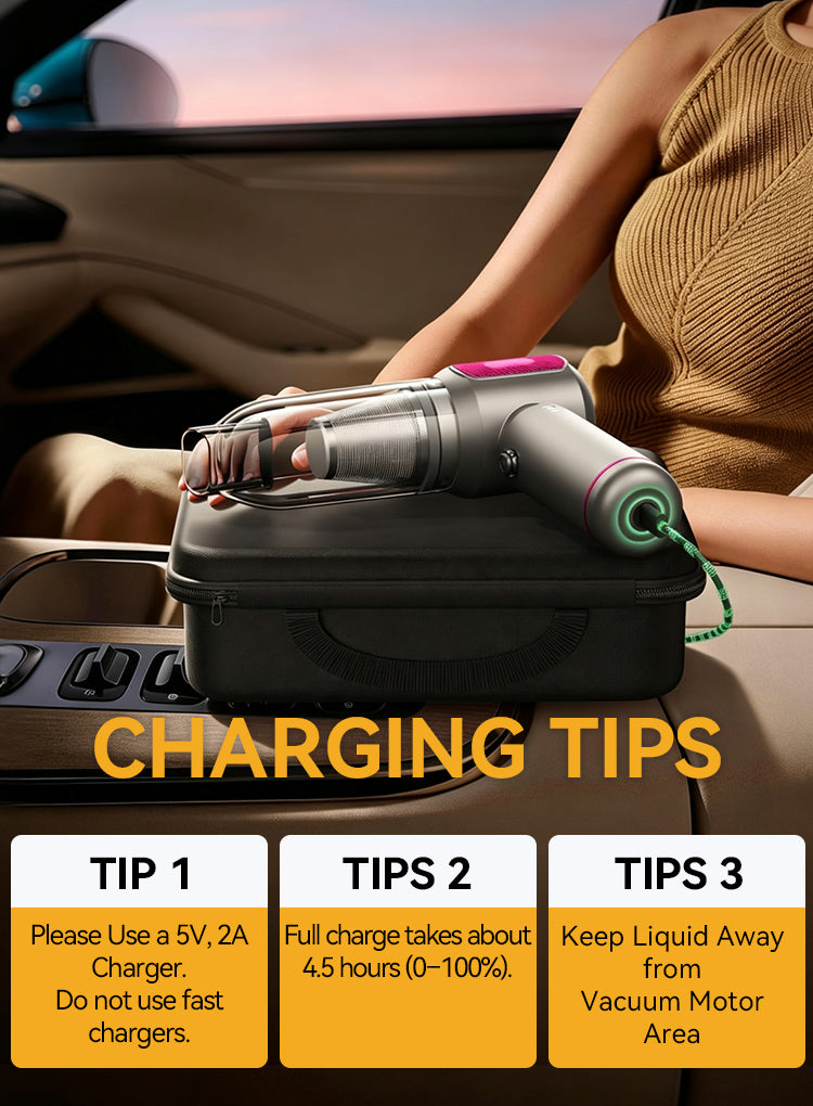 A Plianx 4-in-1 Cordless Handheld Car Vacuum Cleaner in gray, black, and pink is shown resting on a car console with a person seated beside it. Large text reads 'CHARGING TIPS,' and three yellow panels at the bottom list charging advice such as using a 5V 2A charger and avoiding liquid in the motor area.