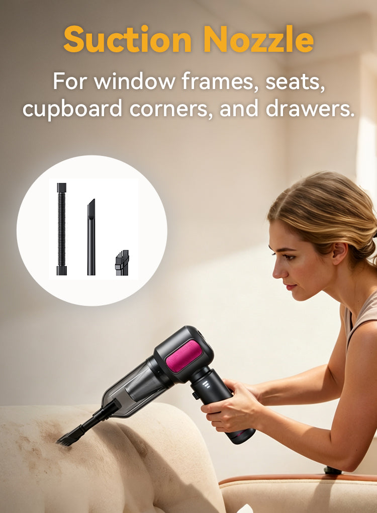 A woman uses a Plianx 4-in-1 Cordless Handheld Car Vacuum Cleaner with a pink and black suction nozzle on a light-colored sofa. The image includes text reading 'Suction Nozzle' and 'For window frames, seats, cupboard corners, and drawers,' plus an inset showing the nozzle attachments.