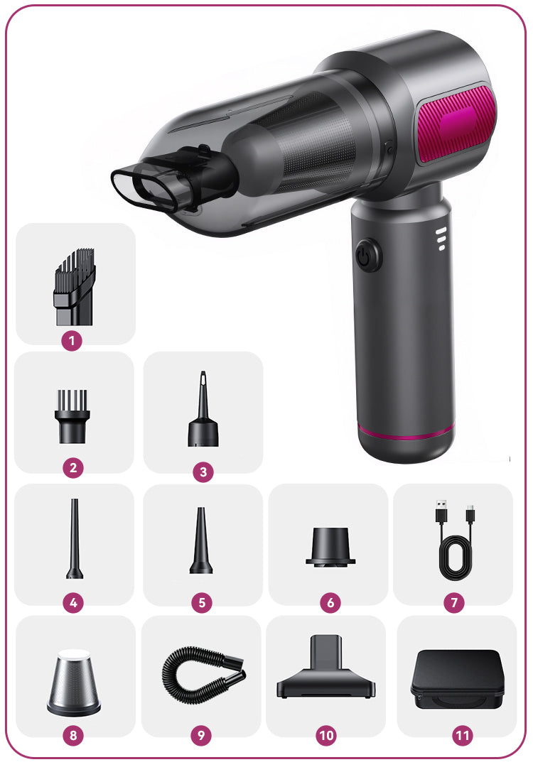 A Plianx 4-in-1 Cordless Handheld Car Vacuum Cleaner shown with multiple included nozzle attachments and a charging cable on a white background with a pink border. The main vacuum is dark gray/black with a bright pink accent panel and pink ring detail.
