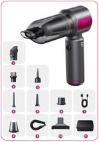 A Plianx 4-in-1 Cordless Handheld Car Vacuum Cleaner shown with multiple included nozzle attachments and a charging cable on a white background with a pink border. The main vacuum is dark gray/black with a bright pink accent panel and pink ring detail.