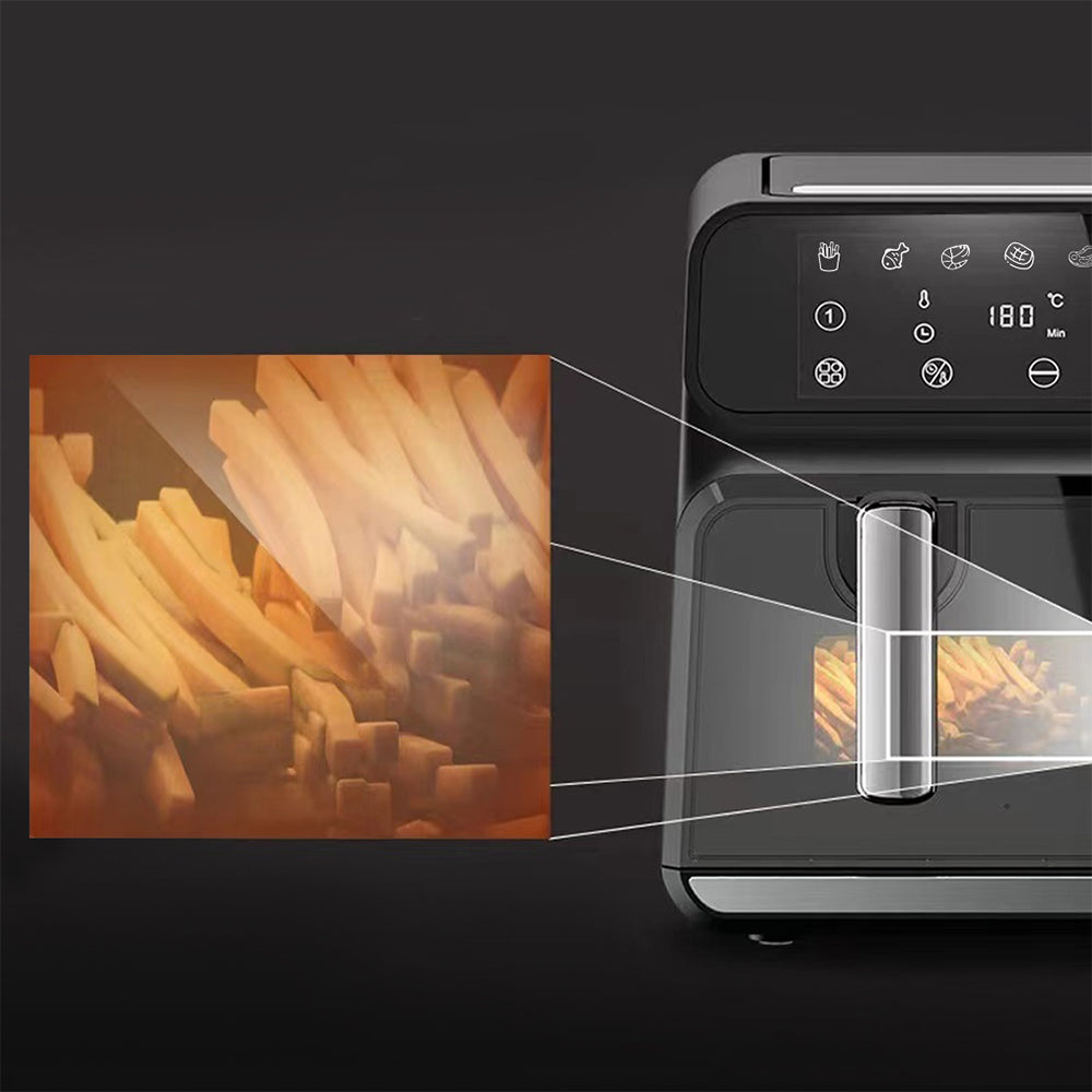 Plianx Air Fryer with a close-up of cooked French fries on a dark background