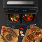 Plianx Air Fryer with food items inside, displayed on a dark background